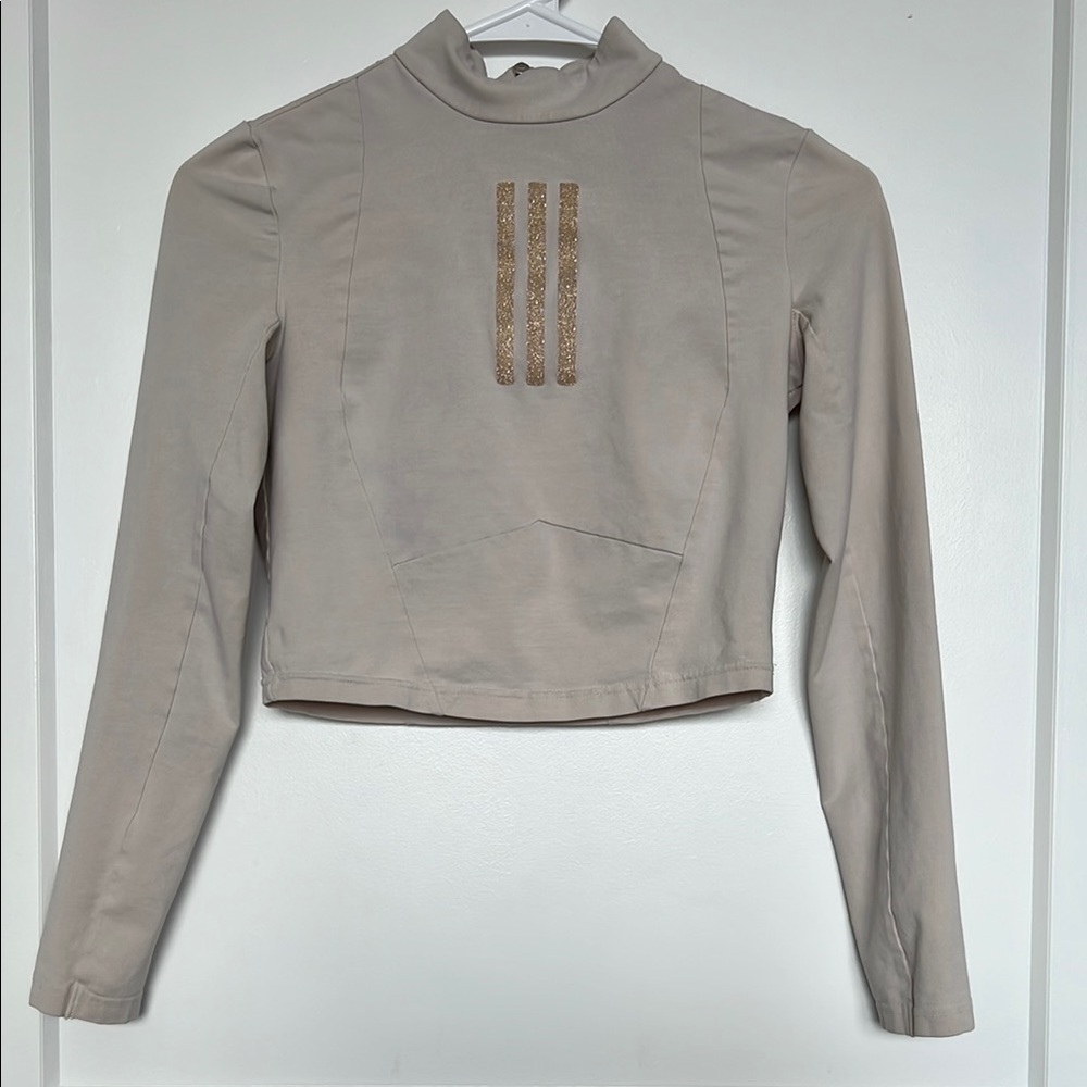 Adidas Cream Tan Crop Blouse with Mandarin Collar
